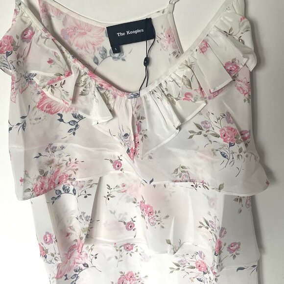 The Kooples Silk Floral Camisole XS White Tiered Sleeveless V Neck Ruffle Cream - Picture 4 of 7